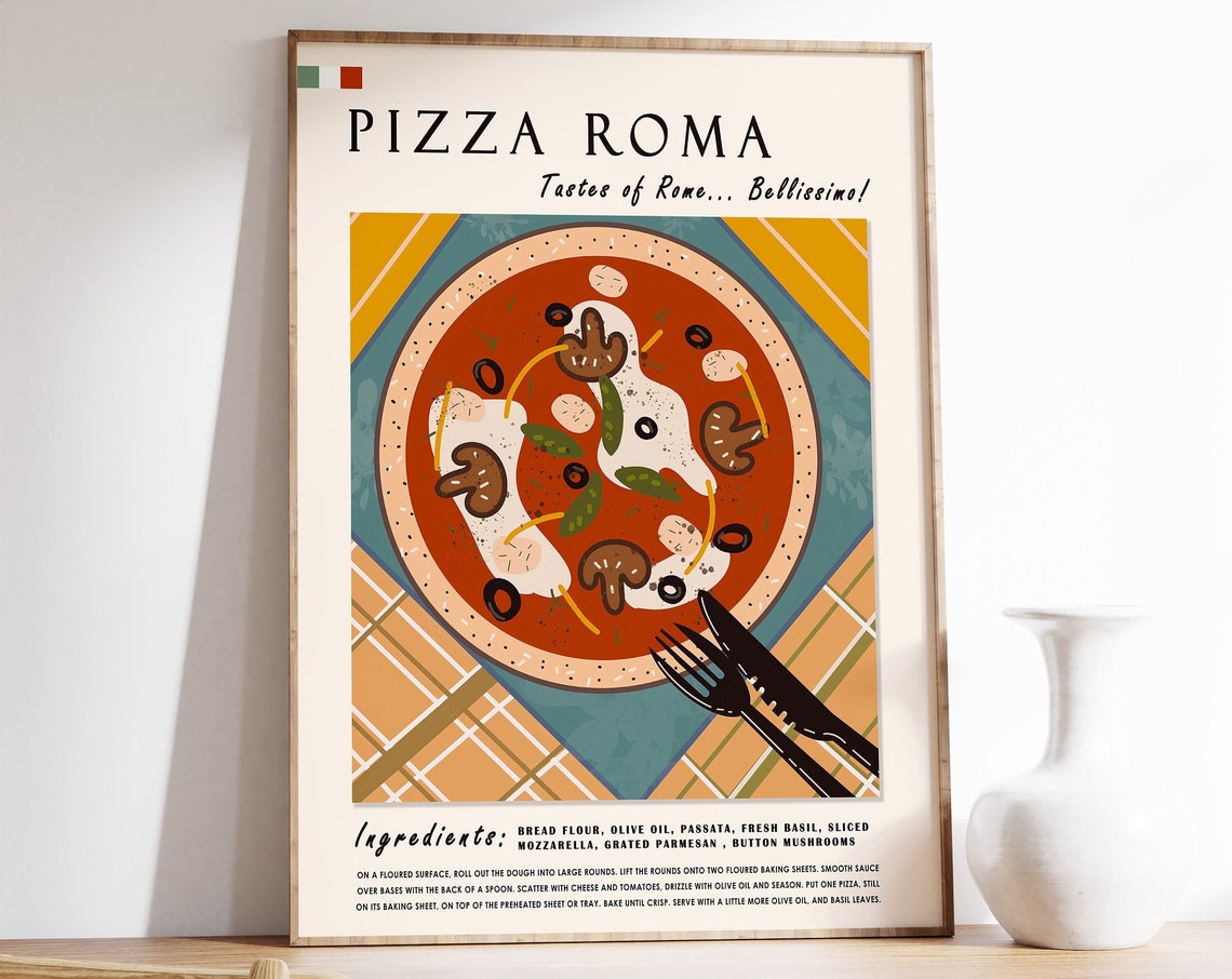 Italian Food Poster Pizza Art Poster Rome Travel Poster Kitchen Decor Food Art Food And Drink Poster Retro Print Food Gift
