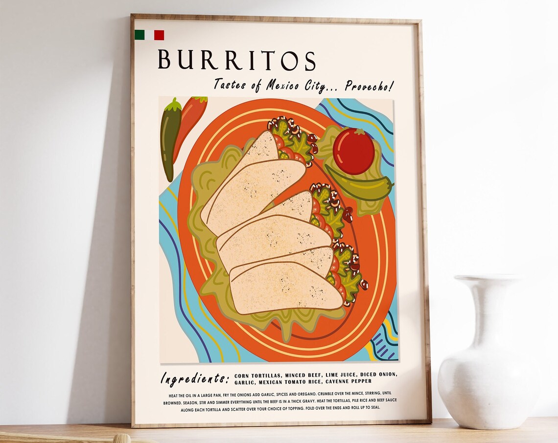 Mexican Burrito Food Poster Food Art Food Poster Mexico Food Art Mexican Print Kitchen Poster Kitchen Decor Retro Print Food Gift