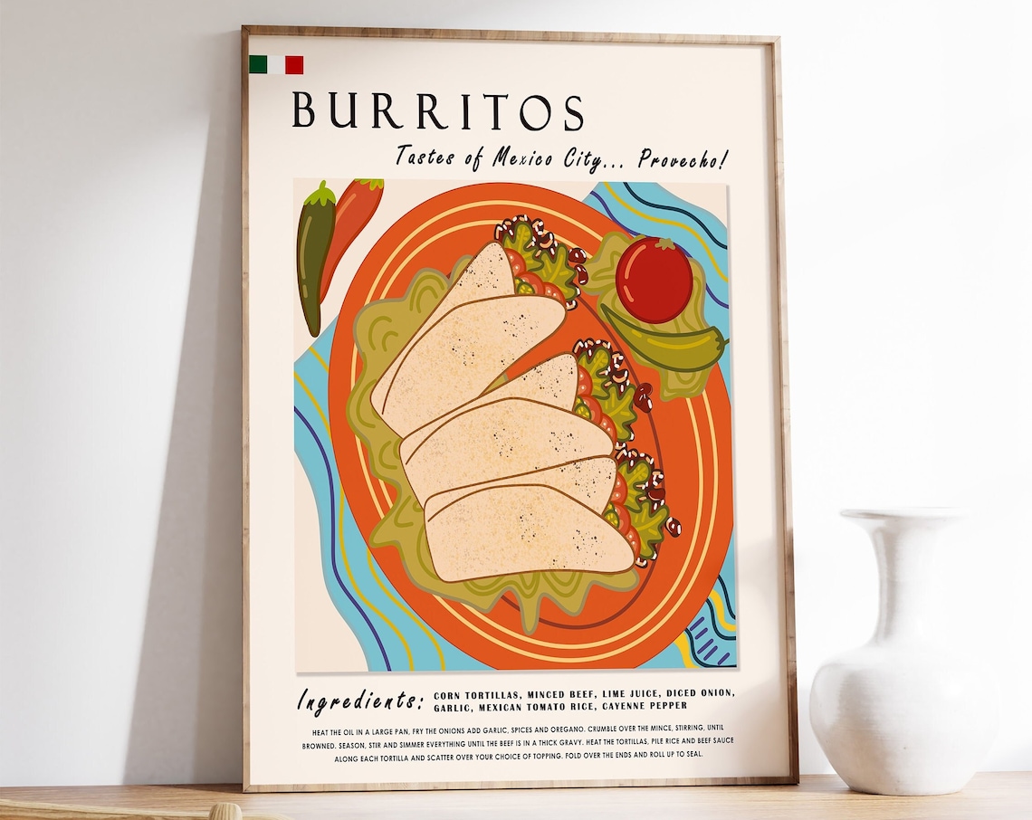 Mexican Burritos Mexico City Recipe Illustrated Kitchen Art Poster