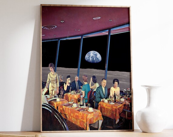Surreal Retro Diner Moon Surface Night Earthrise Collage Poster