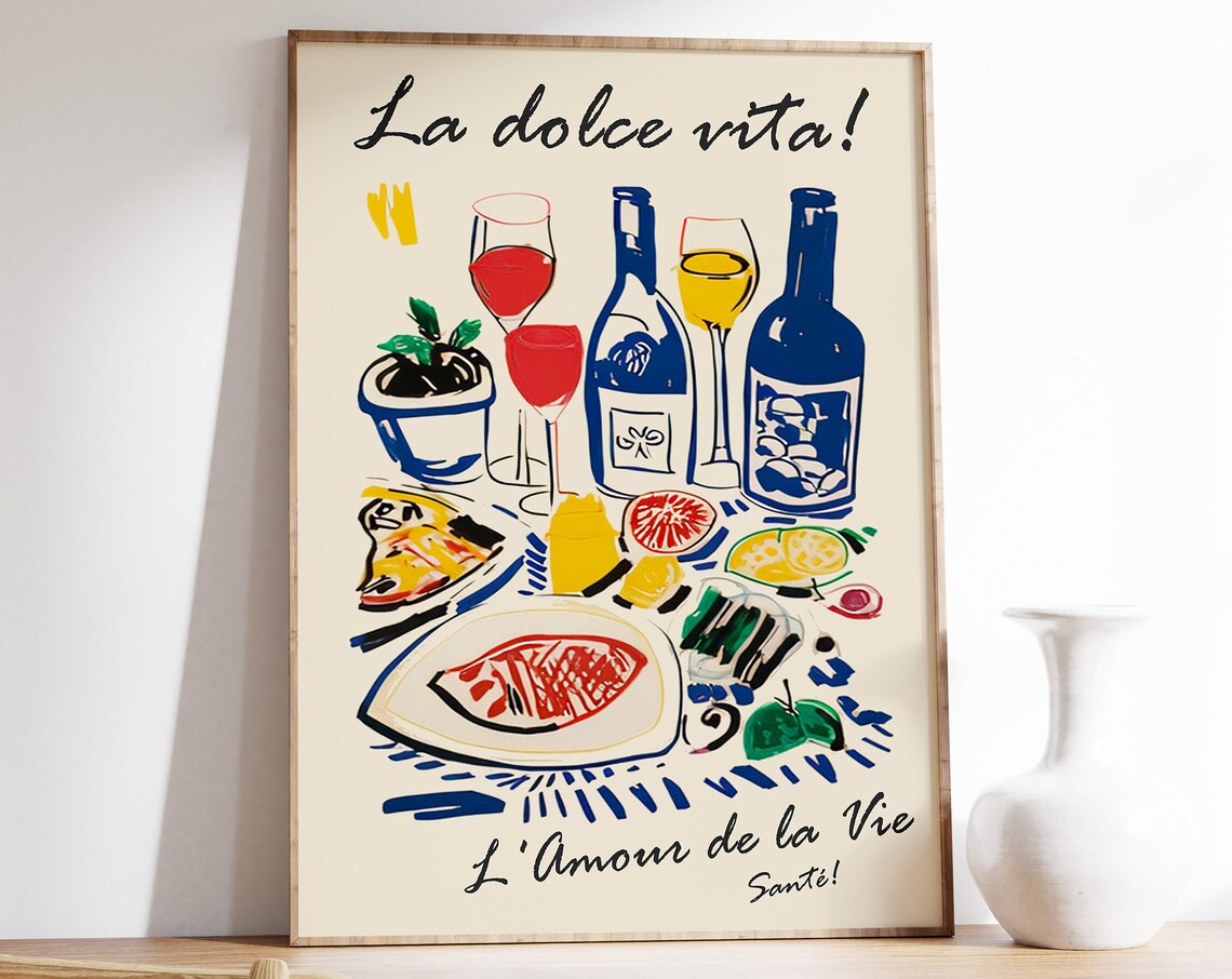 La Dolce Vita Italian Wine Table Food Feast Illustration Art Poster