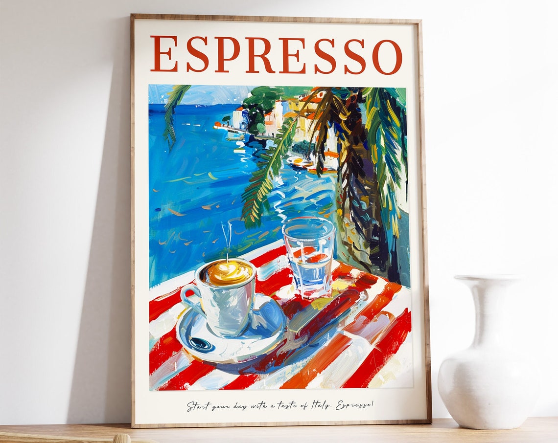 Espresso Italian Coffee Coastal Scene Vintage Kitchen Decor Poster