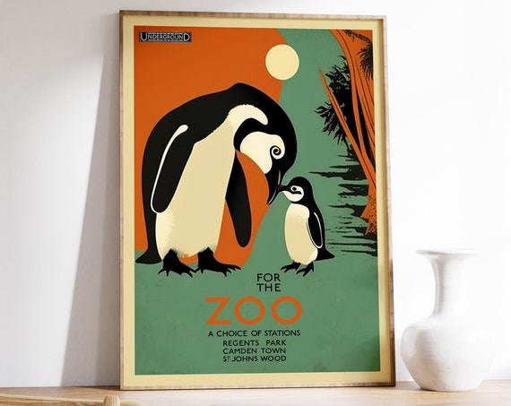 Vintage London Zoo Penguins Retro Travel Poster