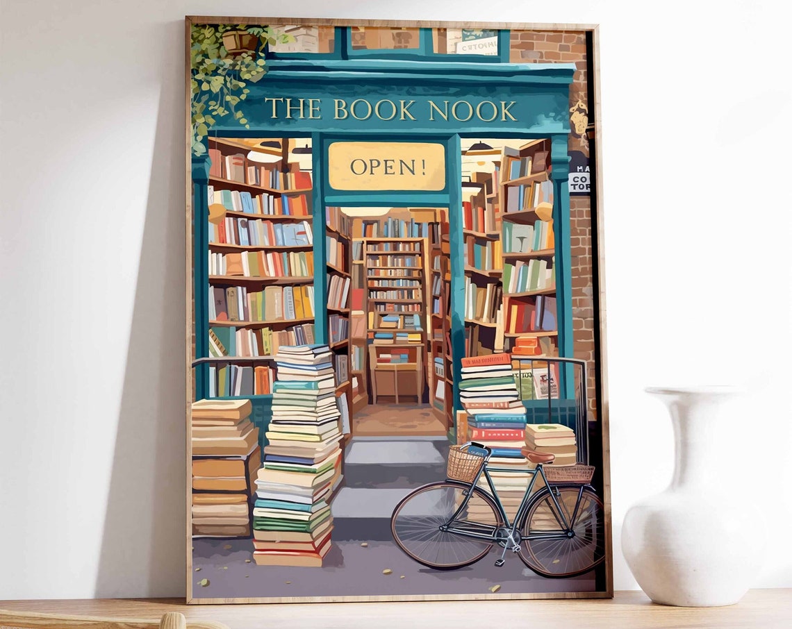 The Book Nook Open Vintage Bookshop Storefront Bike Art Poster