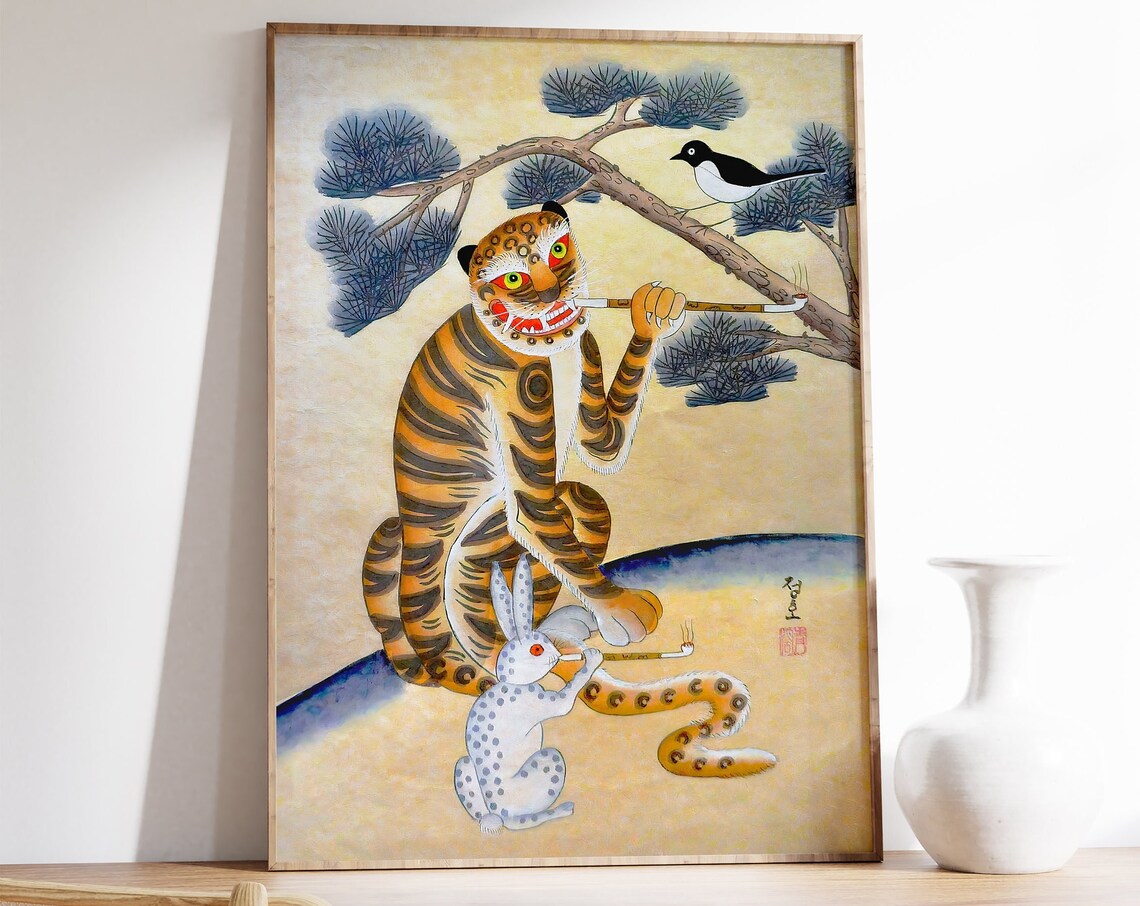 Korean Folk Tiger Print Minhwa Smoking Pipe Rabbit Magpie Art
