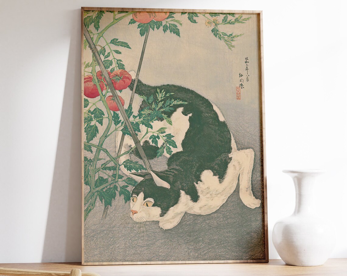Japanese Cat Art Print, Animal Wall Decor