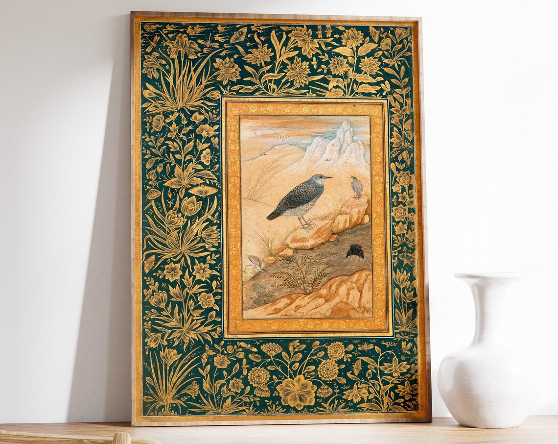 Mughal Miniature Bird Painting Gold Floral Border Indian Art Poster