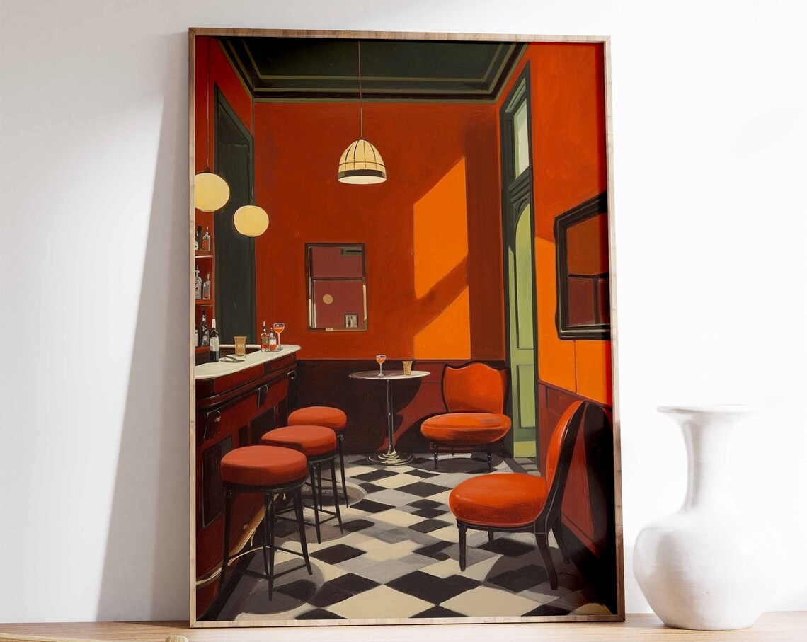 Vintage Cocktail Bar Interior Retro Lounge Painting Style Poster