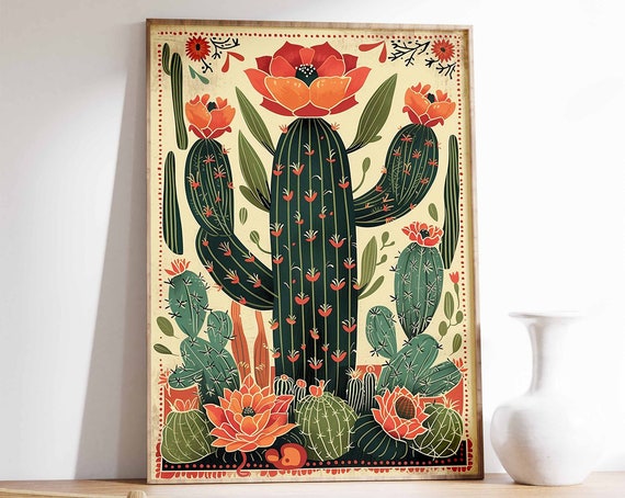 Vintage Mexican Cactus Blossoms Colorful Desert Folk Style Wall Art