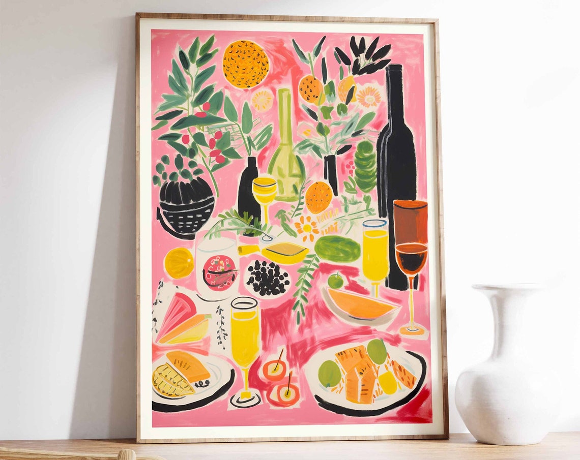 Pink Dinner Party Table Spread Painterly Wine Fruit Food Poster