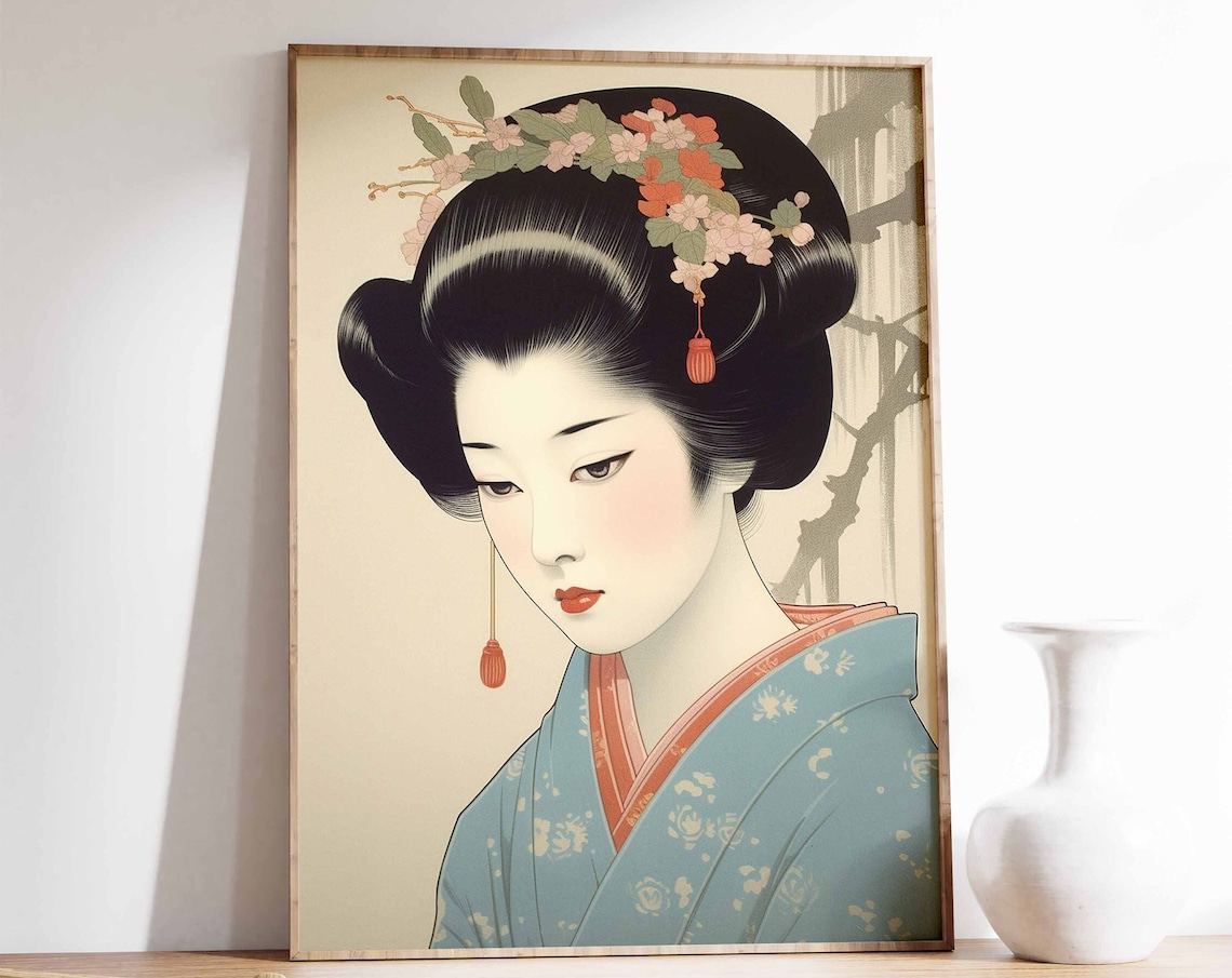 Japanese Geisha Ukiyo-E Art Print, Traditional Decor