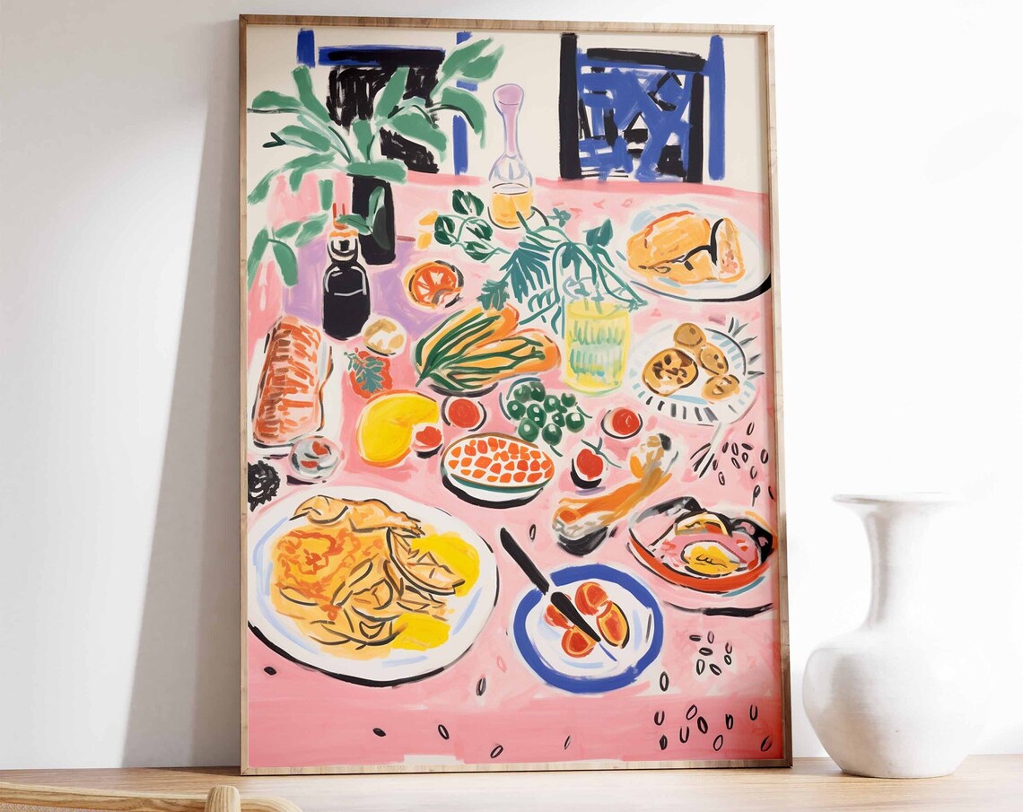 Retro Dinner Table Food Print, Vintage Kitchen Poster