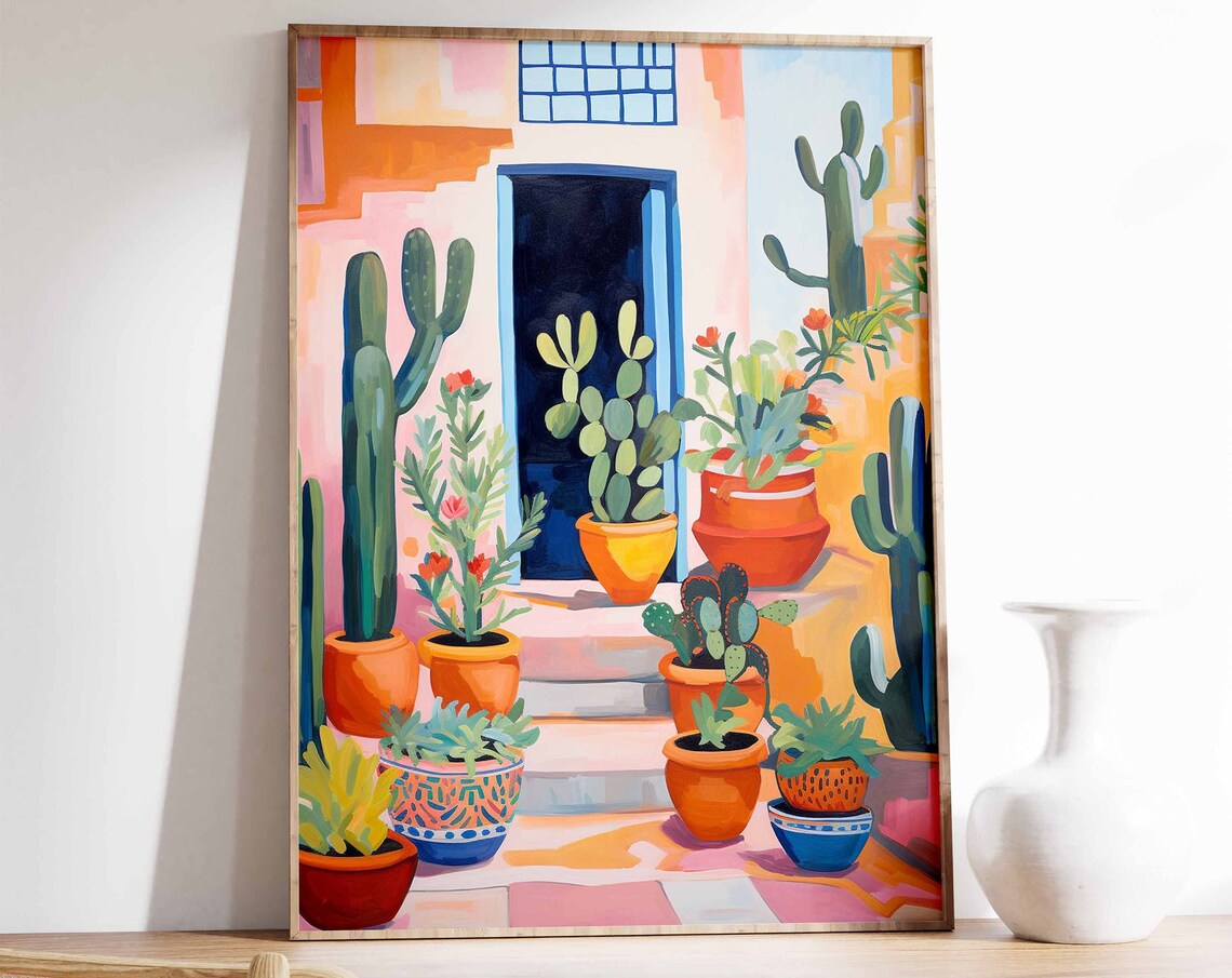 Vibrant Colorful Cactus Pots Southwestern Courtyard Wall Art