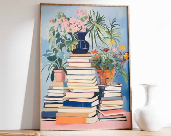 Stacked Books with Potted Plants Pastel Floral Still Life Art Poster