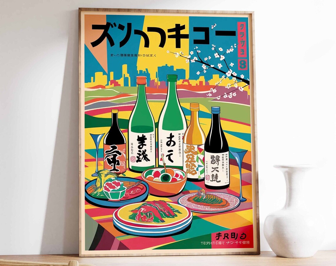 Japanese Sake Bottles Sushi Retro Feast Colorful Banquet Art Poster