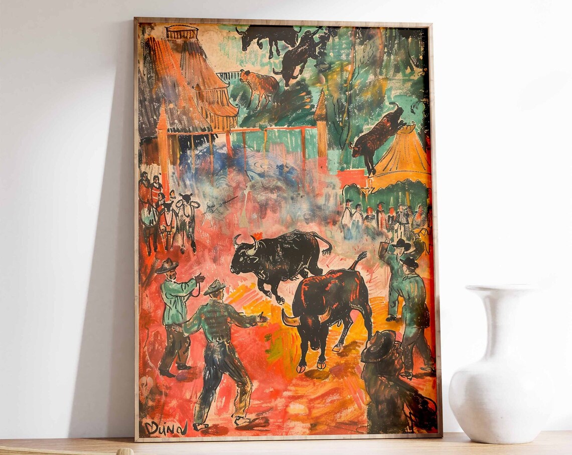 Bullfight Bulls Charging Festival Expressionist Painting Poster