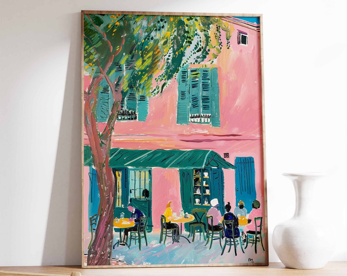 Pink Cafe Terrace Outdoor Dining Colorful Street Scene Poster