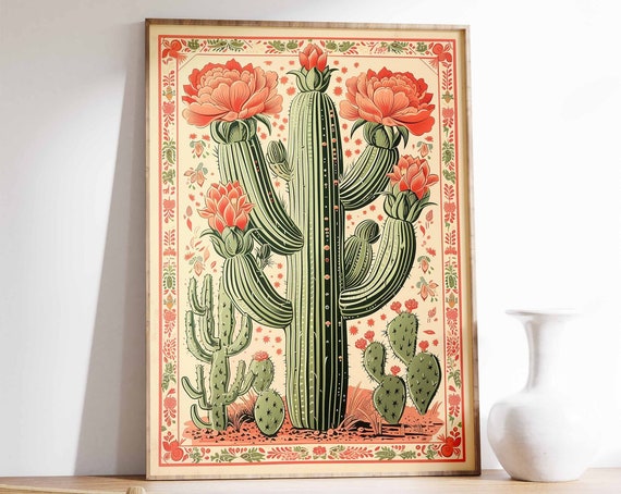 Vintage Blooming Cactus Botanical Illustration Desert Art Poster