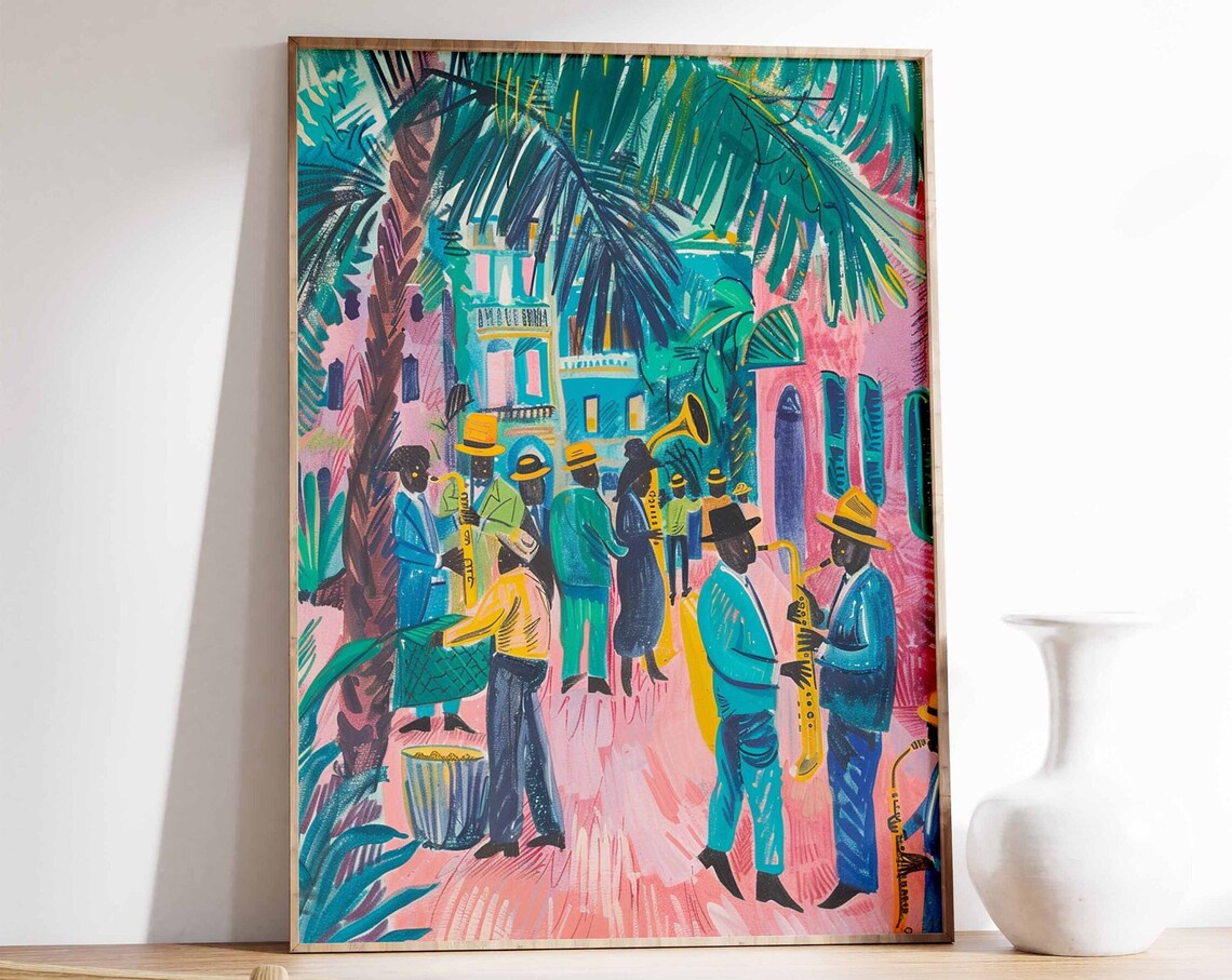 Jazz Musicians Street Band Colorful Tropical Painting Poster
