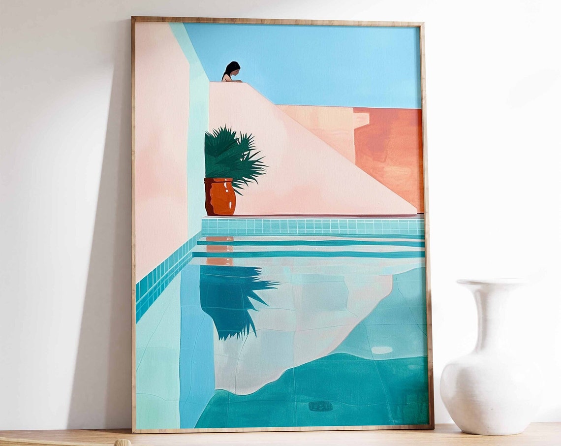 Pastel Palm Poolside Serene Blue Water Minimal Modern Poster