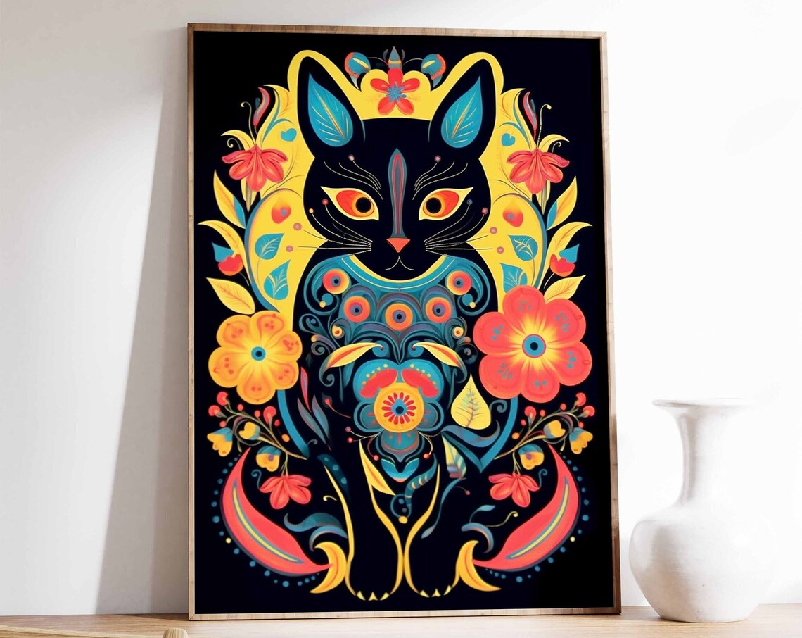 Mexican Folk Art Black Cat With Colorful Floral Pattern Poster