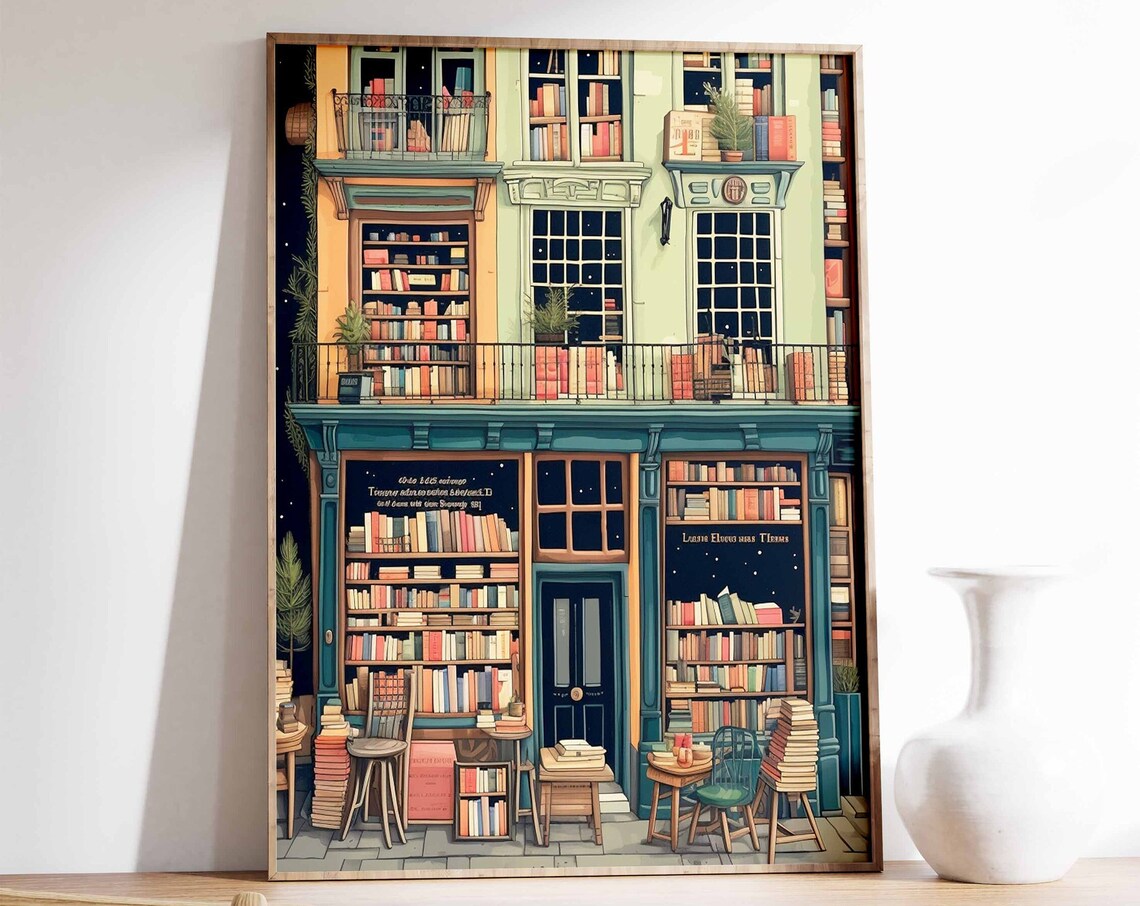 Vintage Book Store Poster, Retro Library Wall Art