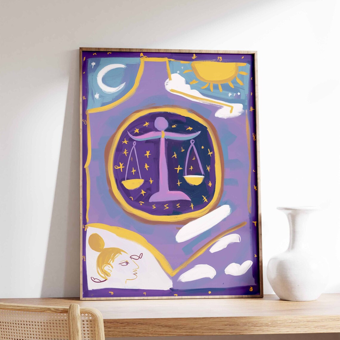 Libra Zodiac Scales Lavender Starry Sky Woman Line Art Poster