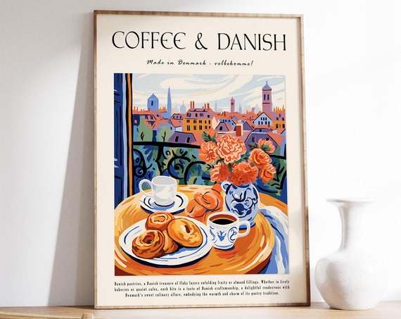 Coffee Poster Danish Pastry Food Poster Dessert Print Cooking Poster Baking Print Kitchen Decor Vintage Food Print Food Gift