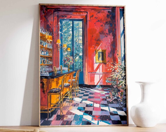 Red Cocktail Bar Chic Vintage Lounge Moody Interior Art Print