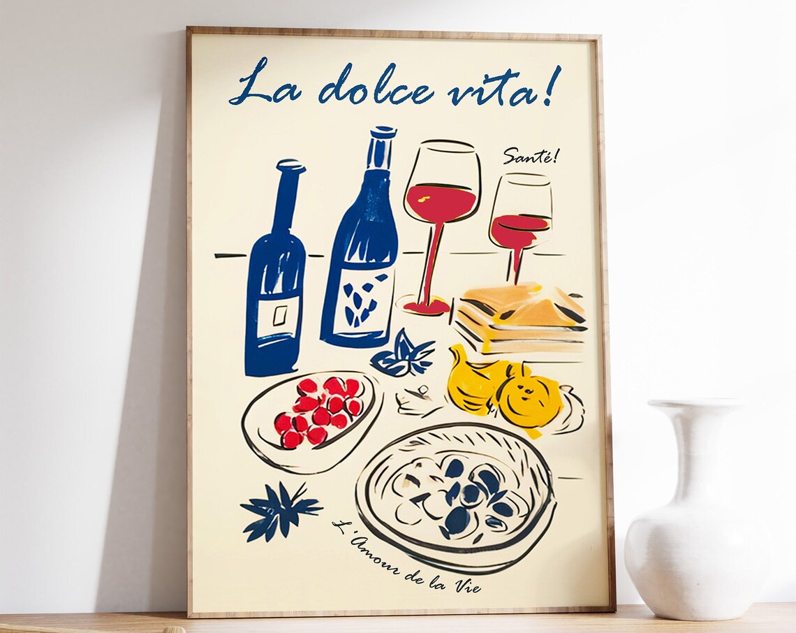 La Dolce Vita Wine Food Illustration French Italian Kitchen Poster