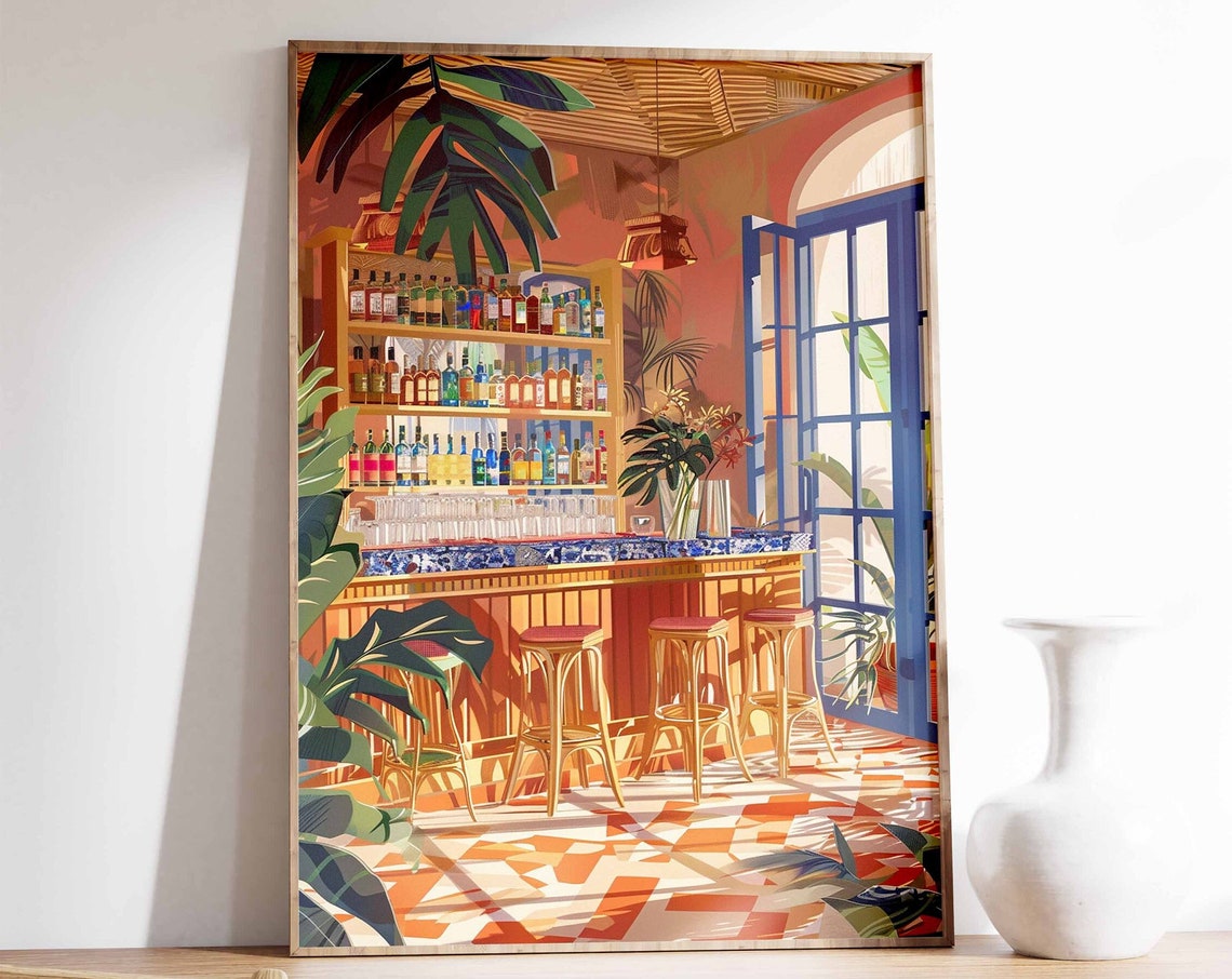 Sunny Cocktail Bar Tropical Plants Retro Kitchen Decor Poster