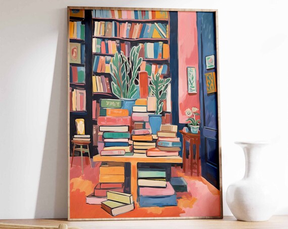 Vintage Bookshop Interior Colorful Books Art Print Library Decor