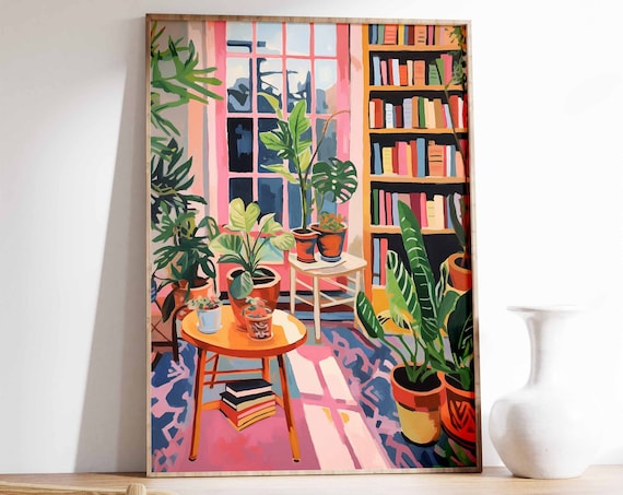 Colorful Bookshop Reading Corner Plants Library Painting Poster Bookish