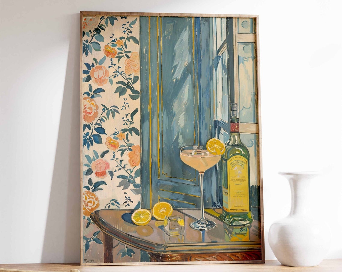 Cocktail Glass Lemon Green Bottle Floral Wallpaper Still Life Poster