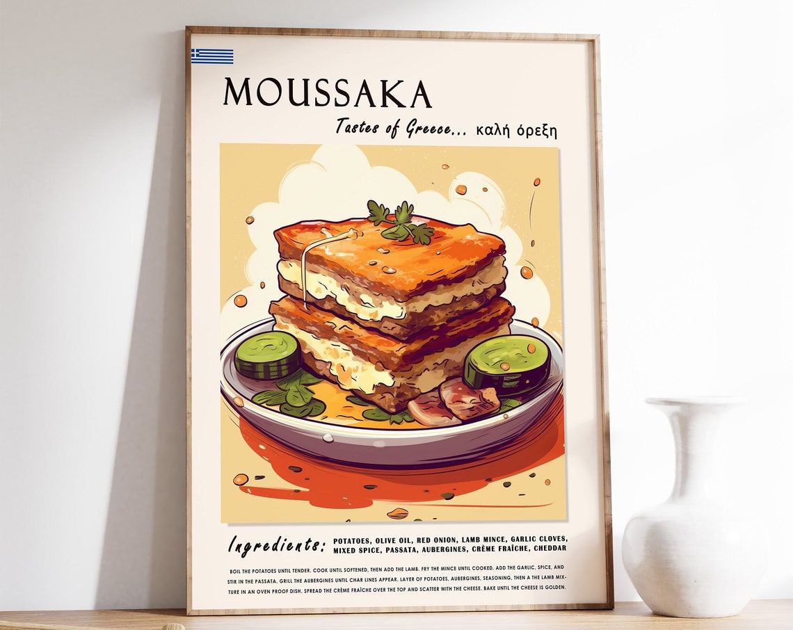 Moussaka Food Poster Greek Food Print Kitchen Decor Food And Drink Art Greece Gift Food Gift Mediterranean Food Poster Greece Art