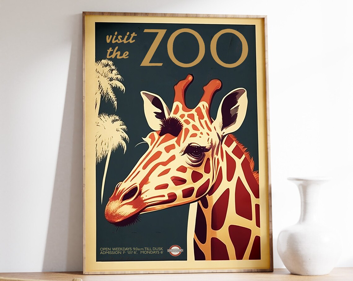 Vintage London Zoo Giraffe Poster, Retro London