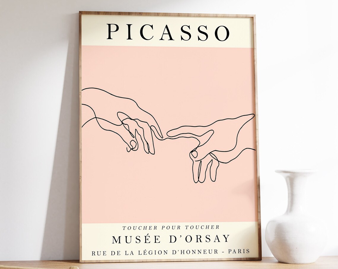 Picasso Reaching Hands Minimalist Line Art Blush Pink Exhibition Poster
