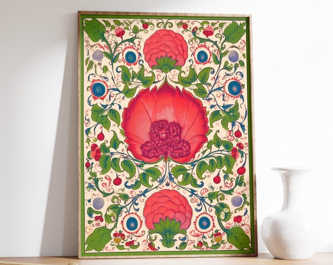 Traditional Indian Floral Mughal Blossom Red Flower Pattern Poster