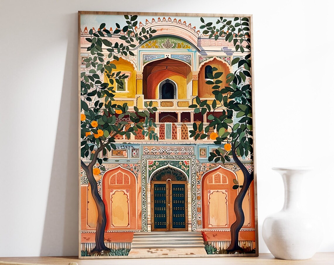 Indian Pichwai Palace Facade Orange Trees Traditional Art Poster