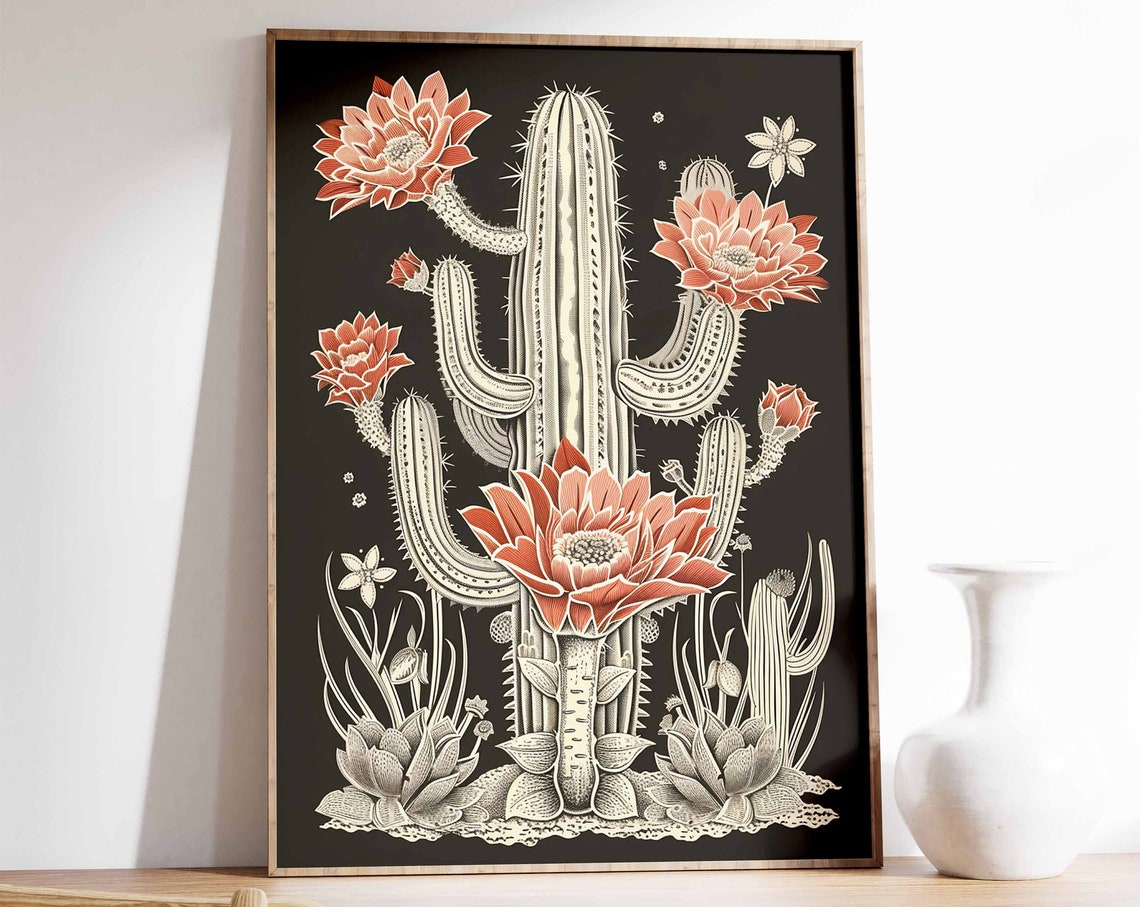 Blooming Cactus Flowers Desert Botanical Illustration Poster
