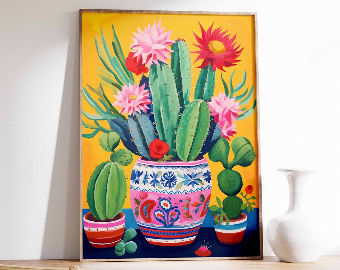 Vintage Mexican Cactus Poster, Traditional Floral Art Print