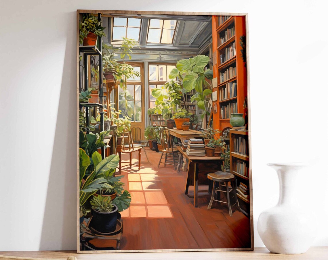 Vintage Library Bookshop Interior Sunlit Botanical Reading Room Art Poster