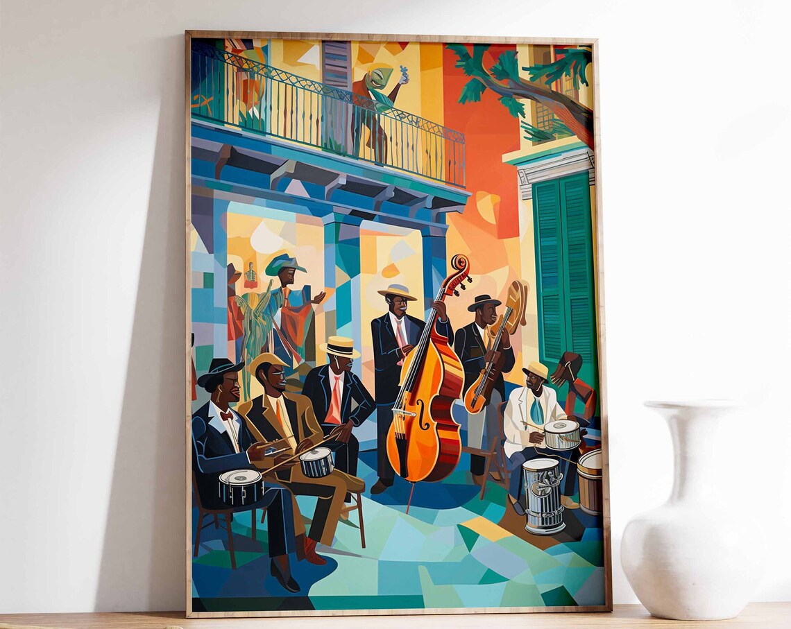 New Orleans Style Jazz Band Street Performance Cubist Colors Painting Poster