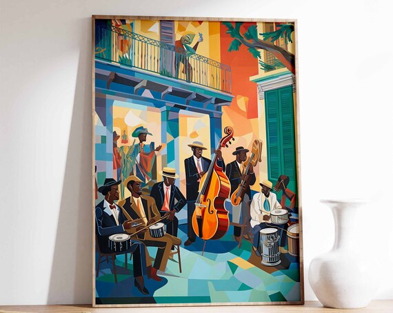 New Orleans Style Jazz Band Street Performance Cubist Colors Painting Poster