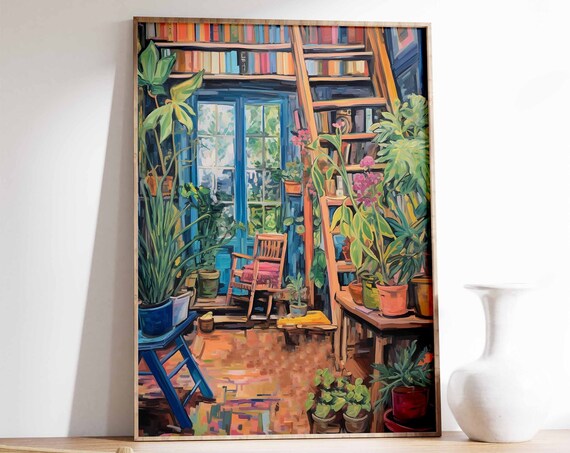 Cozy Library Interior Bookshelf Reading Nook Plant Filled Art Poster