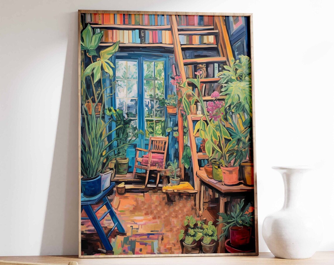 Cozy Library Interior Bookshelf Reading Nook Plant Filled Art Poster