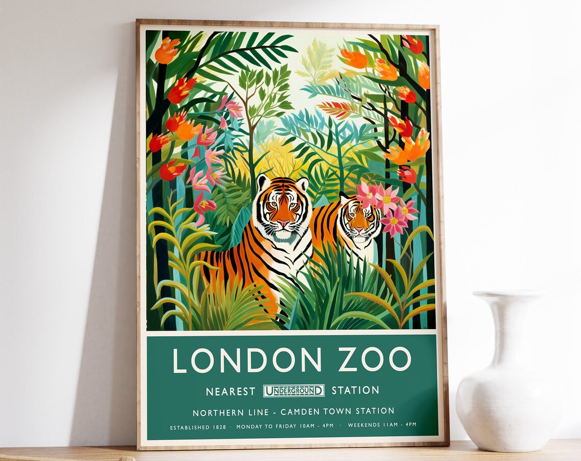 London Zoo Tigers Jungle Rousseau Style Vintage Travel Poster