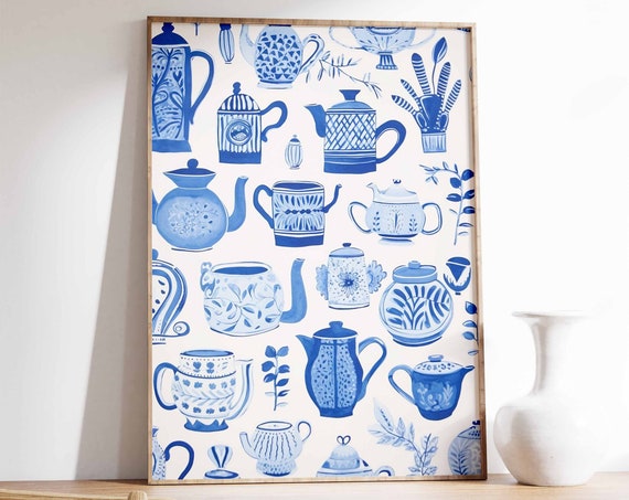 Blue Teapot Print Retro Food Art Vintage Kitchen Poster Kitchen Decor Food Illustration Art Cafe Decor Gift For Chef