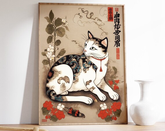 Japanese Tattooed Cat Ukiyo-e Style Floral Woodblock Art Poster