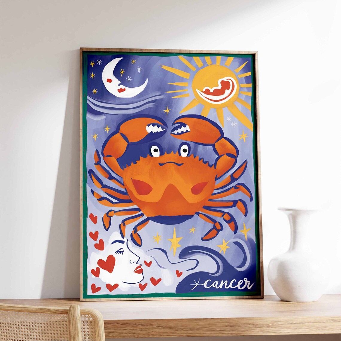 Cancer Zodiac Crab Blue Night Sky Moon Sun Red Hearts Art Poster